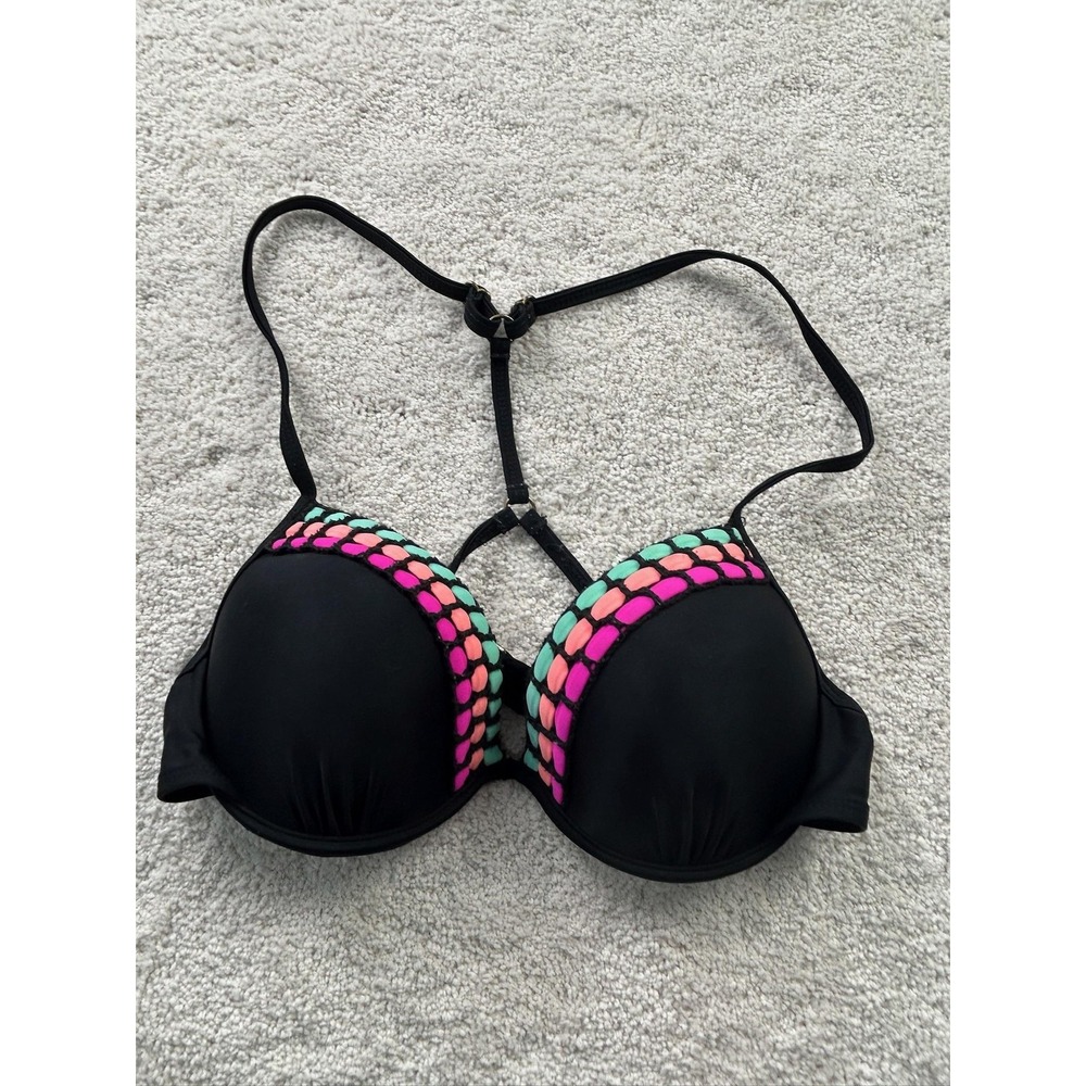 California Sunshine Bikini Top Womens Large Black Padded Bra Colorblock Swimwear